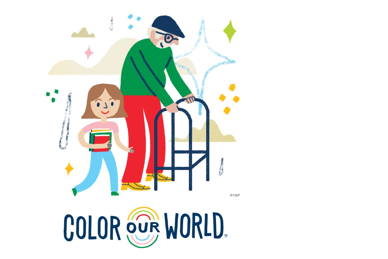 Illustration of grandpa with a walker and a little girl