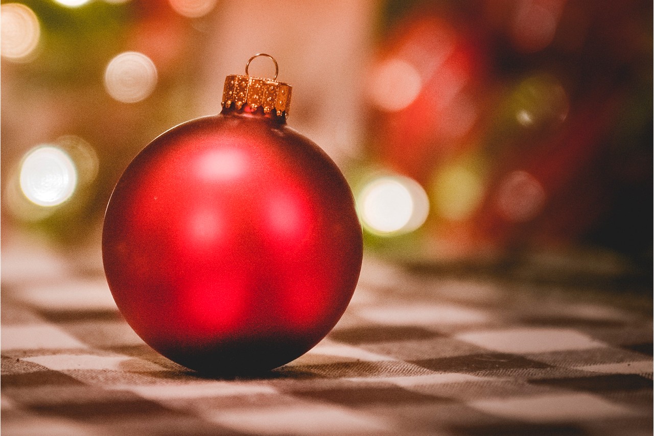 Close up of a red Christmas ball.