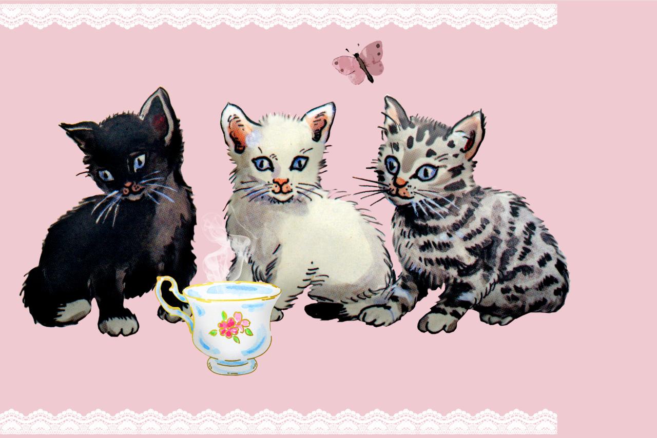 Three kittens drawn in the style of Beatrix Potter.