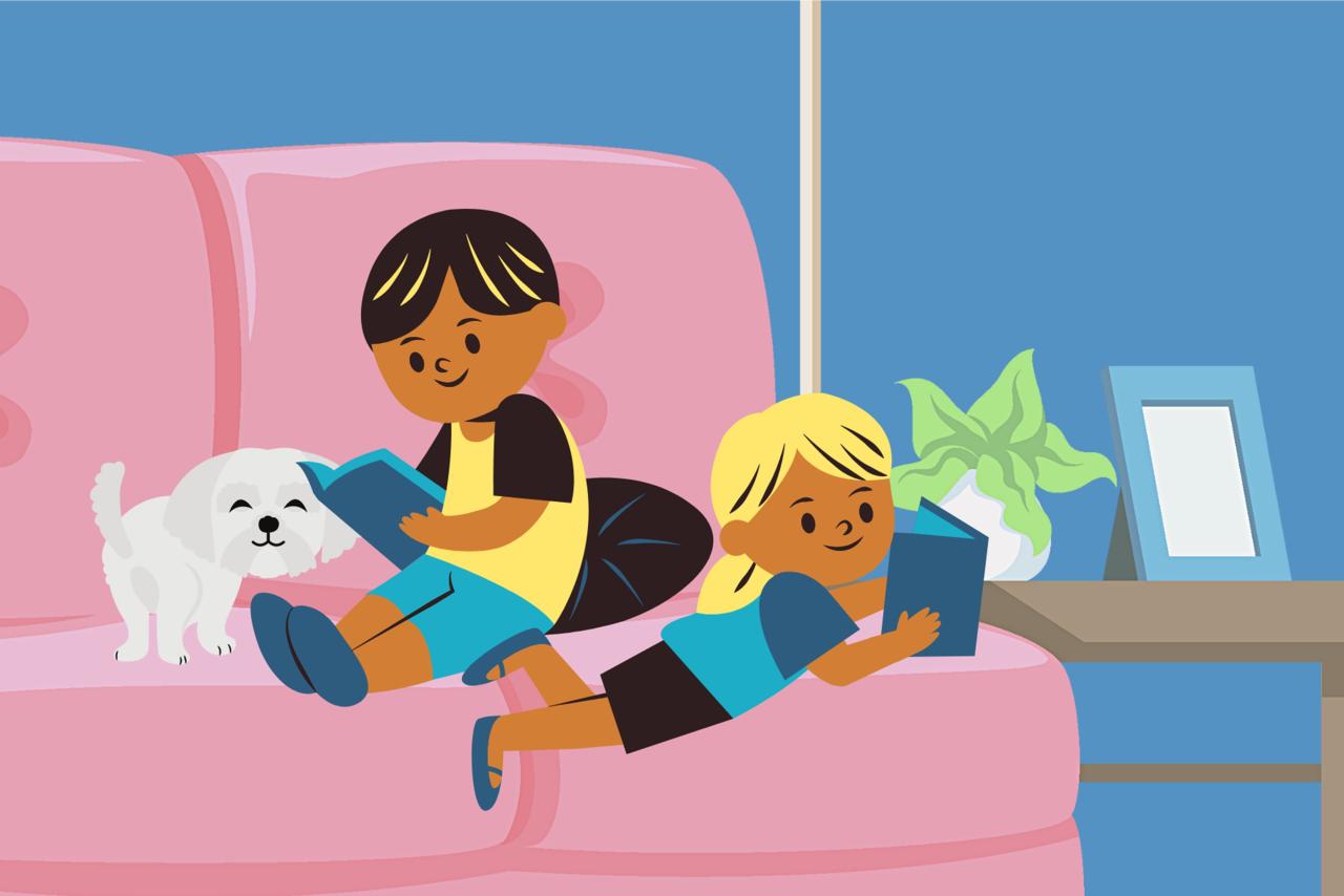 Illustration of a boy and girl reading on a couch with their dog.