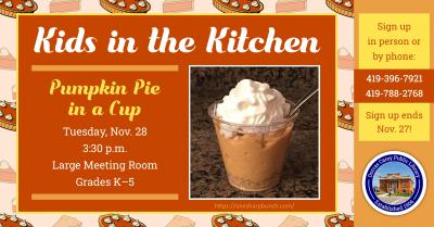 Come to the library on the fourth Tuesday of the month at 3:30 p.m. to learn how to make treats that can be shared with family and friends.  Children in kindergarten through grade 5 are encouraged to join the cooking fun!  This month’s recipe is Pumpkin Pie in a Cup.  Please sign up at the adult circulation desk or by phone at 419-396-7921 or 419-788-2768.
