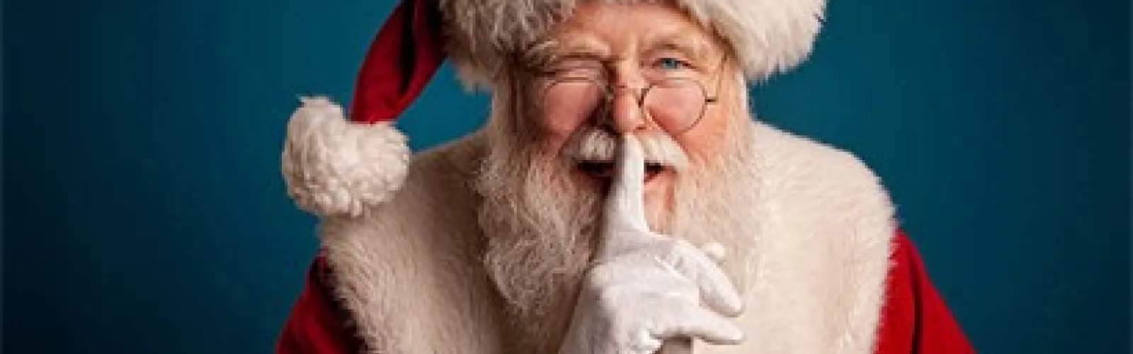 Santa Claus shushing with a wink