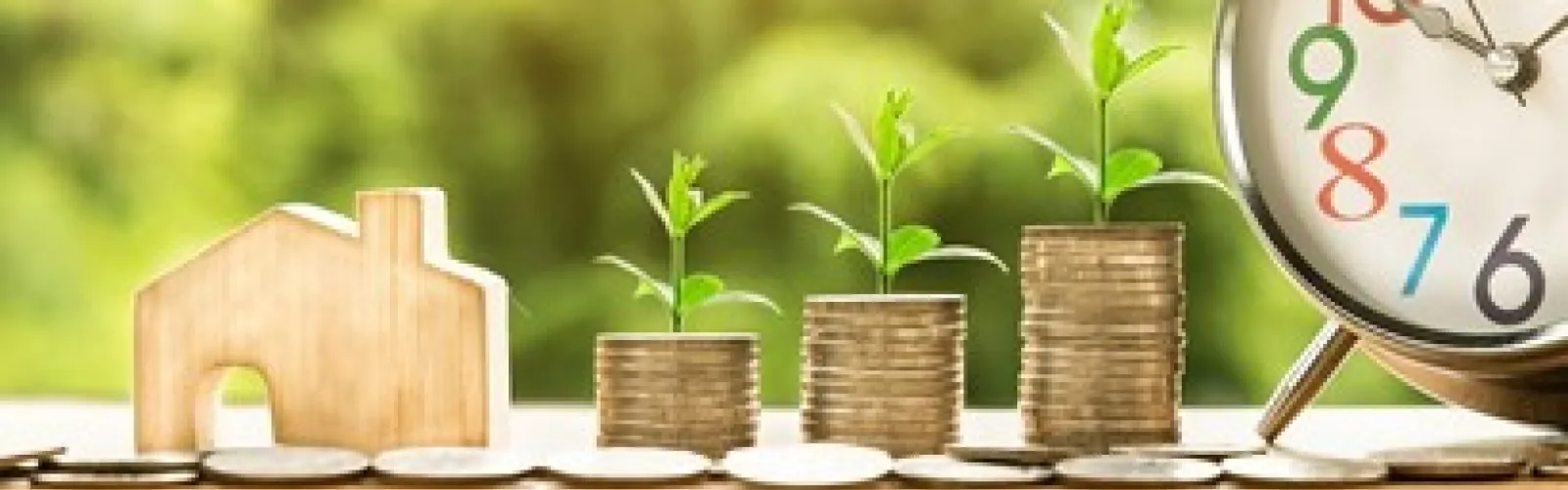 Wooden house model sitting beside stacks of coins.