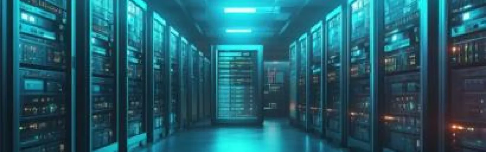 Room full of servers with blue tinted lighting.