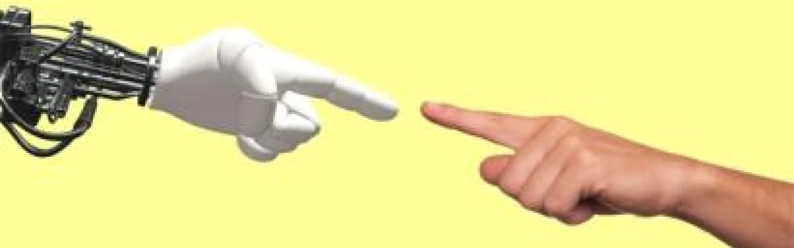 Robot hand and human hand stretching to touch their fingers.