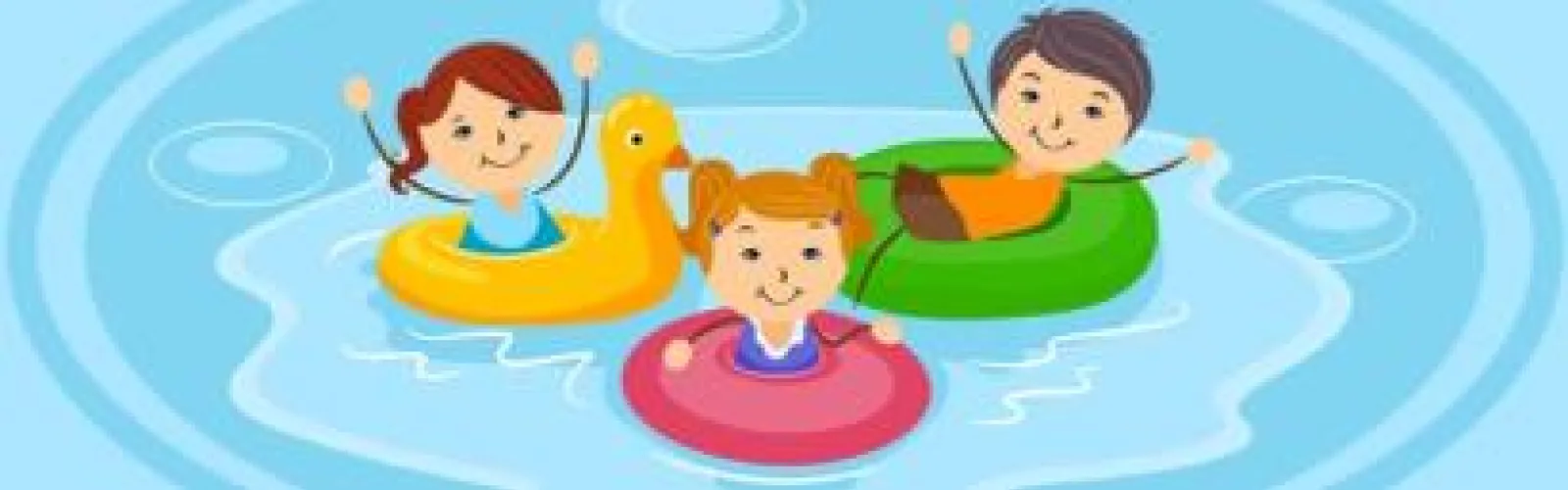 Three cartoon children floating in a pool.