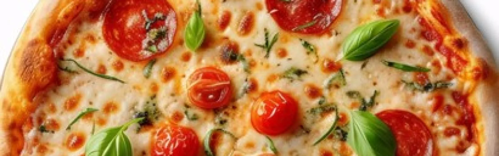 Cheese pizza topped with tomatoes and basil.