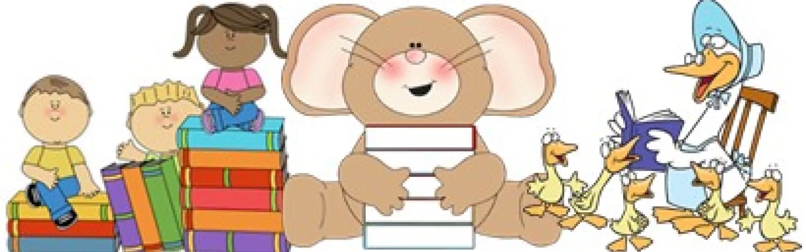 A collection of cartoon critters and children reading books.